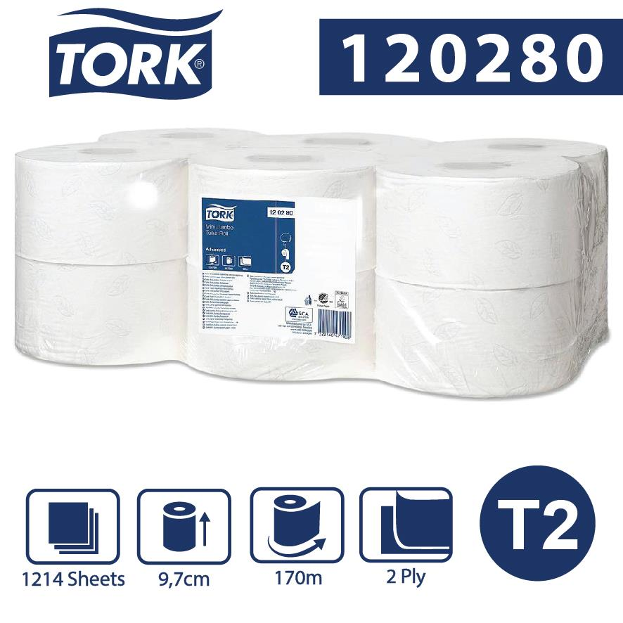 Tork Mini Jumbo toaletný papier v kotúči, Advanced, biely, 2 vrstvy, dĺžka 170m, 12 ks v kartóne