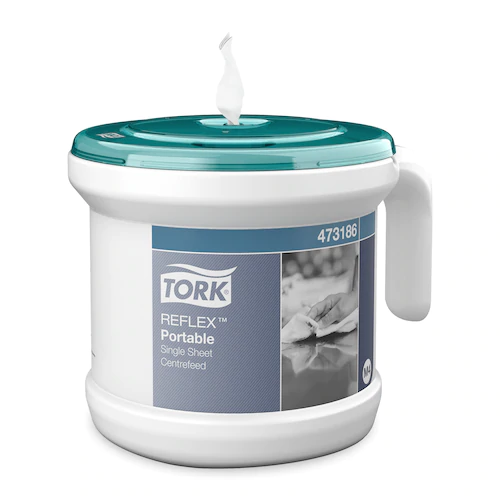 Tork Reflex zásobník na papierové utierky v kotúči so stredovým odvíjaním, tyrkysový/biely plast, prenosný, systém M4