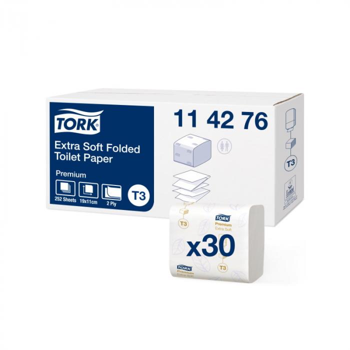 Tork skladaný toaletný papier, Premium, extra jemný, biely, 2 vrstvy, 7560 ks v kartóne, 30 balikov po 252 ks