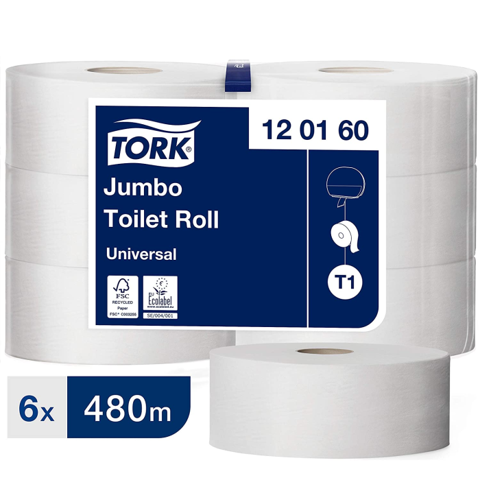 Tork Jumbo toaletný papier v kotúči, Universal, biely, 1 vrstva, dĺžka 480m, 6 ks v kartóne