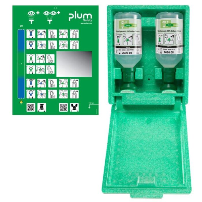 Plum SAFETY EYEWASH BOX stanica prvej pomoci v boxe 2 x očná sprcha chloridu sodného (NaCl) 0,9%, fyziologický roztok 500 ml+piktogram