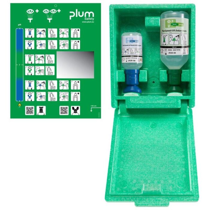 Plum SAFETY EYEWASH BOX stanica prvej pomoci očná sprcha 1x500 ml chloridu sodného (NaCl) 0,9% NaCl a 1x200 ml pH neutral+piktogram