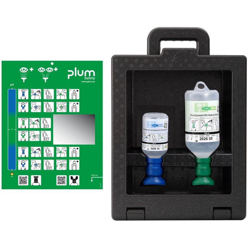 Plum SAFETY IBOX2 DUST-PROOF PRENOSNÁ stanica prvej pomoci 2 x očná sprcha: 1ks chloridu sodného (NaCl) 0,9%, fyziologický roztok 500 m a 1 ks  PH Neutral 4,9% neutralizačný roztok 200 ml + piktogram