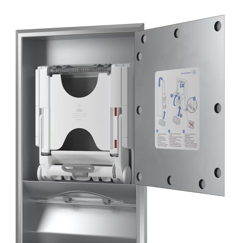 Tork PeakServe zabudovateľný zásobník na nadväzujúce papierové utierky, biely plast, malý, systém H5 – Obrázok 3