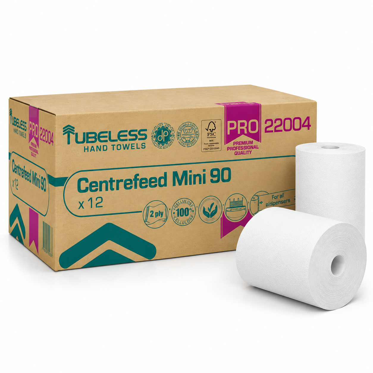 TUBELESS ROLA MINI PRO 90 Reflex so stredovým odvinom, 100% CELULÓZA biela 2 vr.návin 91,5 m 12 ks bal./20 cm x 91,5 m priemer13,2 cm, systém M3