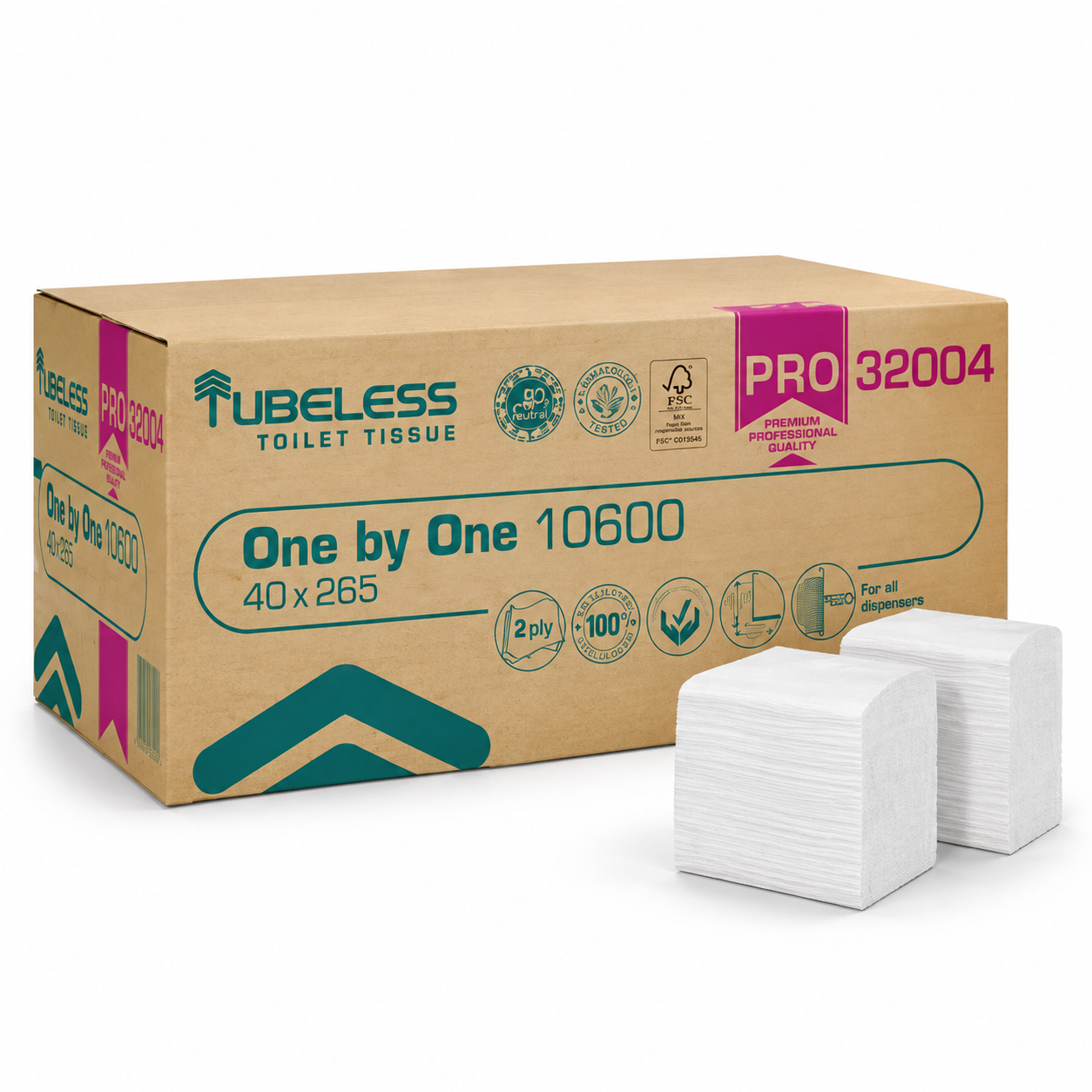 TUBELESS SKLADANÝ toaletný papier PRO 10600, 100% CELULÓZA biela 2 vr.balíček 265 ks 40 bal.krt/20,6 cm x 10,8 cm, systém T3